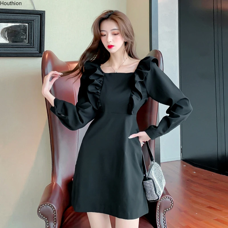 

Autumn New Women's Dresses Square Collar Type A Girl Long Sleeve Solid Color Ruffle High Waist Fashion Loose