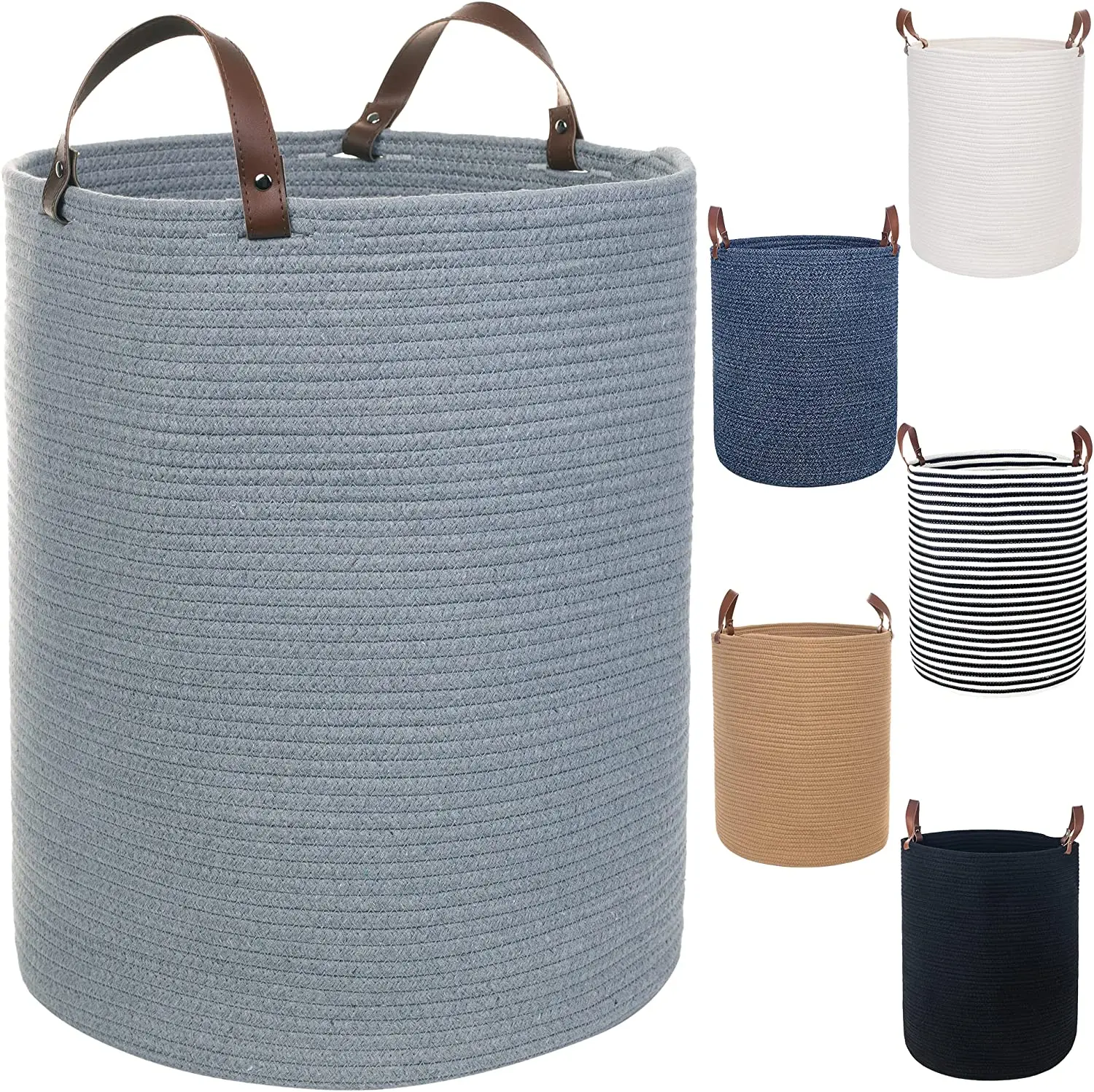 

basket XXL cotton rope -50.8 x 40.6 cm with leather handle -80 liters - toy woven laundry basket - foldable laundry basket (bro