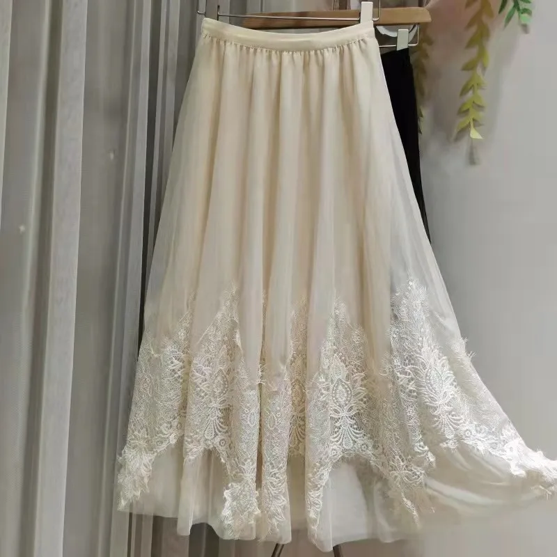 

2022 Summer Lace Skirt Crochet Stitching Mesh Elastic Waist A-line Large Brand Design Feeling Slim Dress