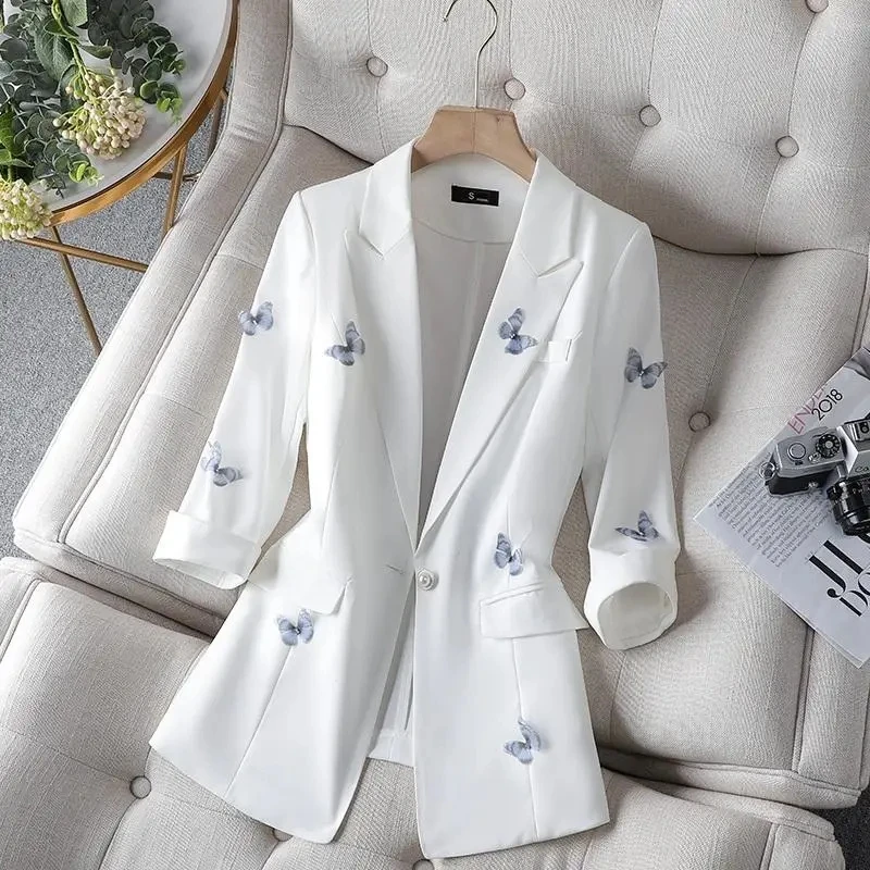 

Women Office Work Wear Suit Blazer 2022 Spring Summer Print Casual Single Button Coat Thin 3/4 Sleeve Female Blazers Jackets 4XL