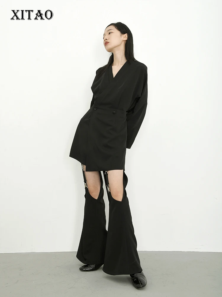 

XITAO Double Breasted Solid Dress Women Korea 2022 Summer New Personality Fashion Loose V-neck Full Sleeve Dress WMD5909