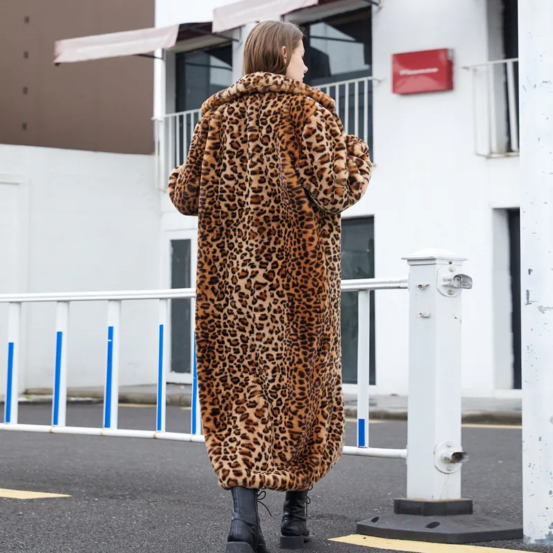 Women's imitation fur leopard rabbit hair super long suit collar fur coat