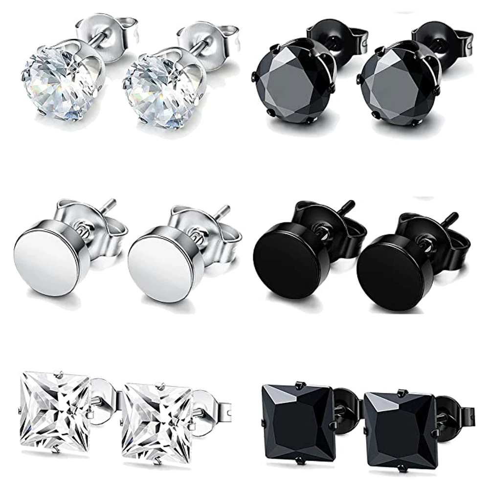 

6 Pairs Stainless Steel Stud Earrings for Men Women CZ Round Earrings Black 3-10mm