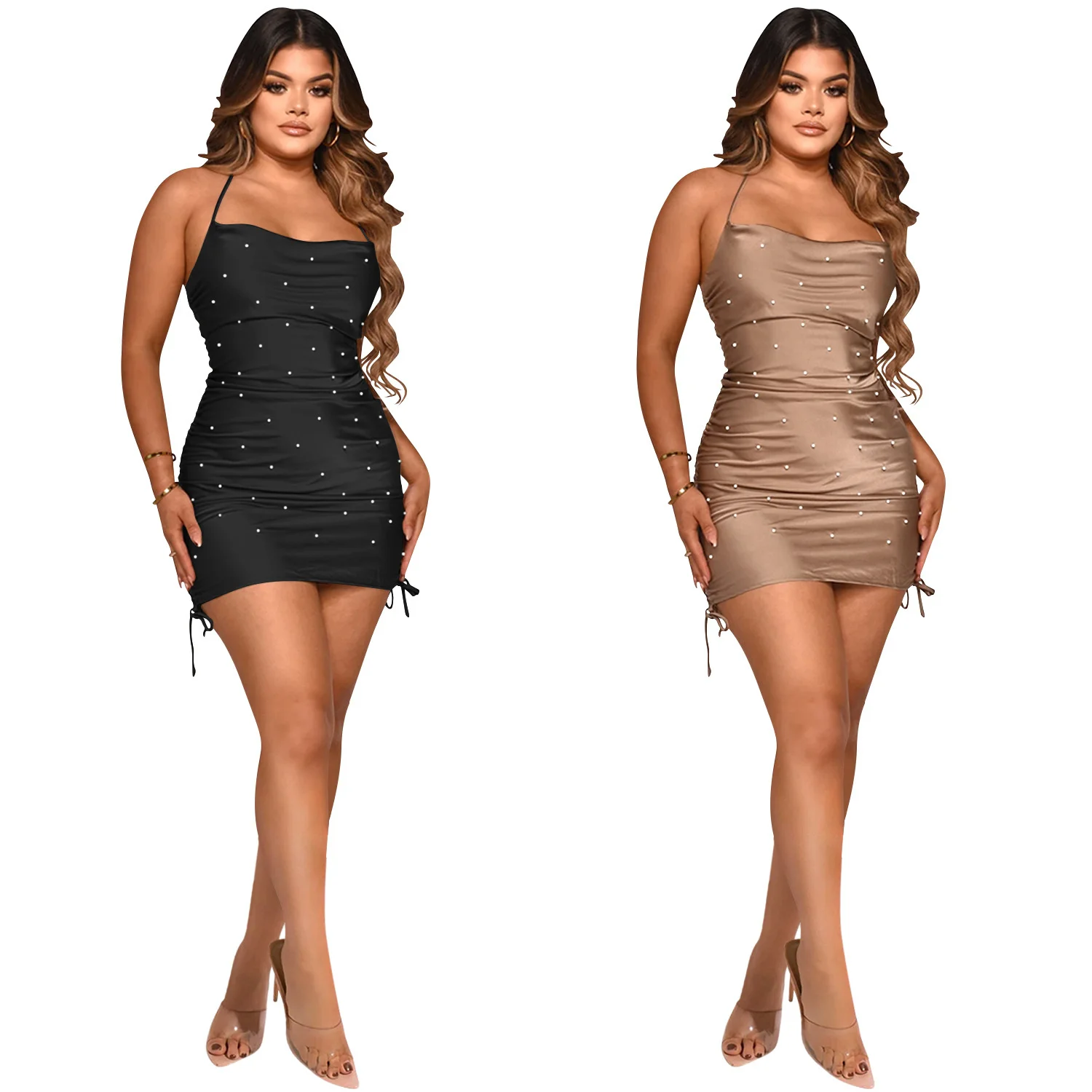 

Zoctuo Dress Bodycon Women Beaded Lace Up Sleeveless Straps Sexy Vestidos 2022 Streetwear Party Club Satin Mini Dresses Elegant