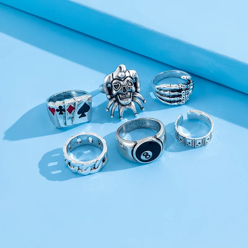 6 шт. / Набор панк покер клоун серебряное кольцо мужчина готический скелет