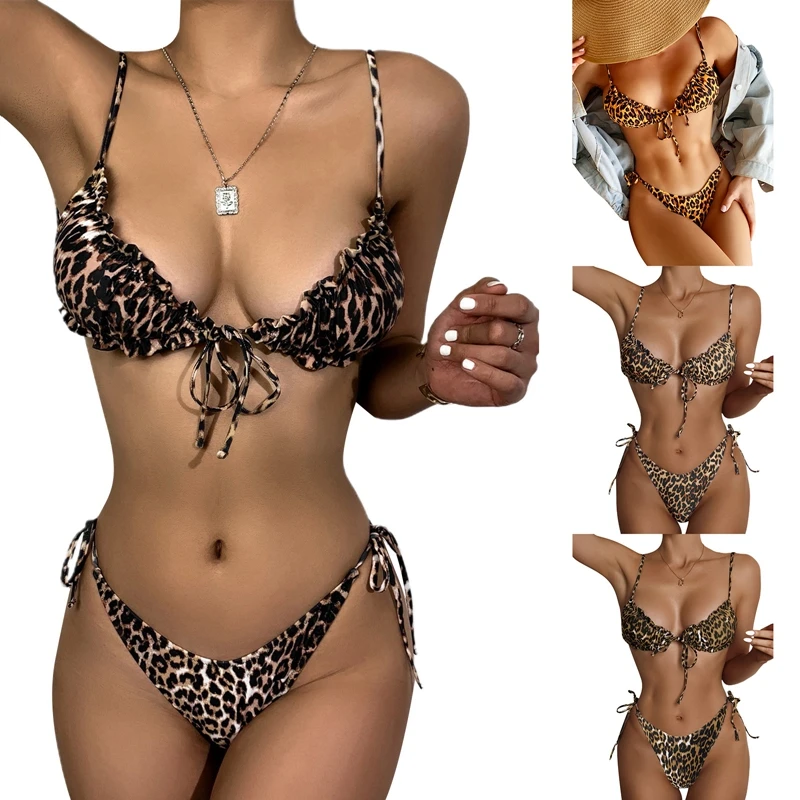 

Женский леопардовый купальник, комплект из 2 предметов, бюстгальтер с V-образным вырезом и завязками + стринги с низкой талией, летний купаль...