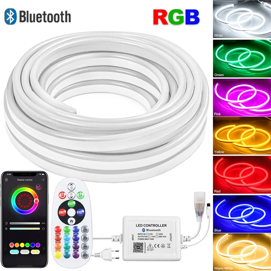 220V LED Neon Strip Light RGB Waterproof LED Strip Lights 5050 Dimmable Neon Rope Light IR / Blutooth /Tuya Smart Wifi Control