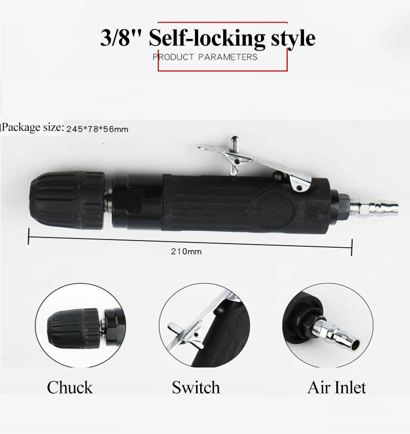 3/8'' Chuck Air Drill Pneumatic Straight Three-jaw Medium-speed Gun Drilling Machine Tool |
