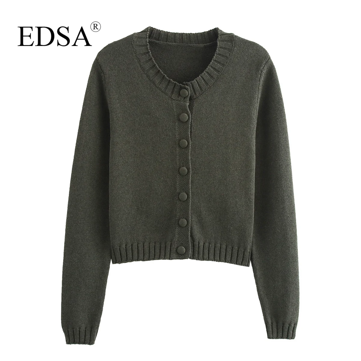 Женский трикотажный кардиган EDSA Зеленый однобортный свитер с круглым вырезом и