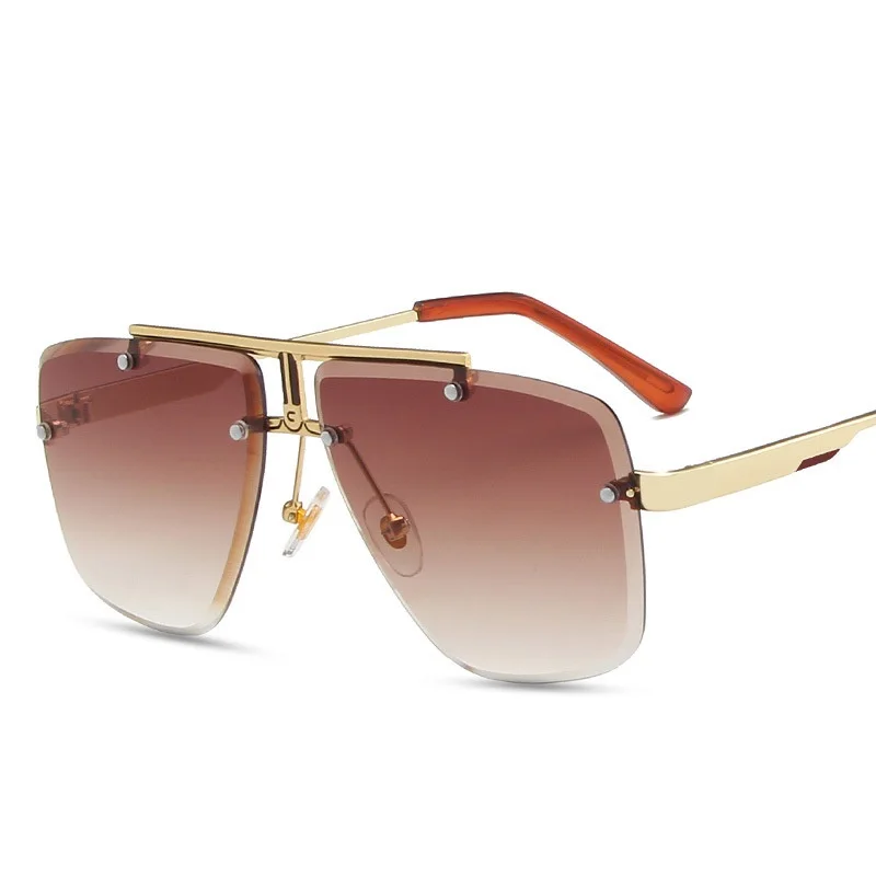 

2022 Fashion Cool Men Driving Glasses Goggle Metal Frameless Gradient Brown Sunglasses Vintage Pilot Sunglass Punk Oculos De Sol