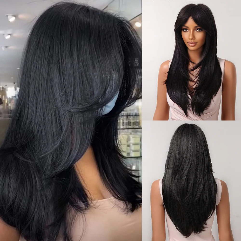 

Black Long Synthetic Wigs With Bangs Layered Straight Wigs Heat Resistant for Black Women Afro Party Cosplay Natural Female Wig