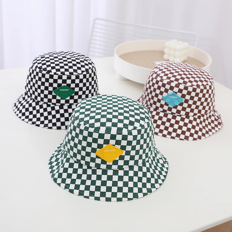 

Children's Spring And Autumn Fisherman Hat N Letter Label Personality Fashion Checkerboard Travel Cap