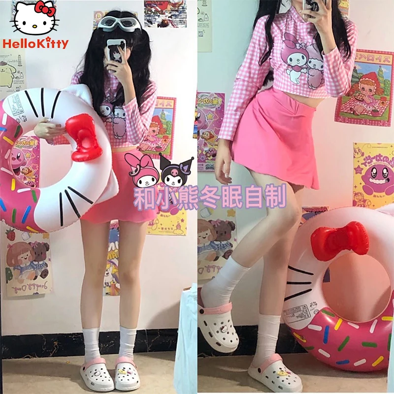 

Kawaii Sanrio/пляжный купальный костюм с рисунком из мультфильма «Моя Мелодия», милая летняя пляжная одежда с рисунком аниме, тонкий весенний костюм с нагрудным подкладом, подарок для девочки
