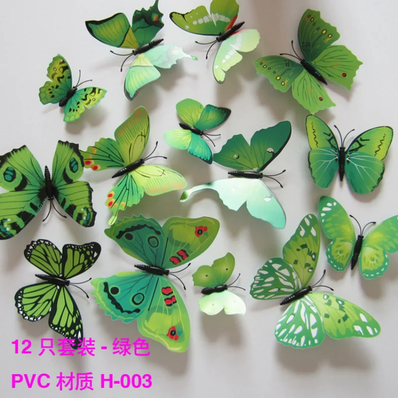 

12pcs Pack PVC3D three-dimensional Butterfly Magnetic Pin Butterfly Refrigerator sticker Green refrigerator magnets stickers