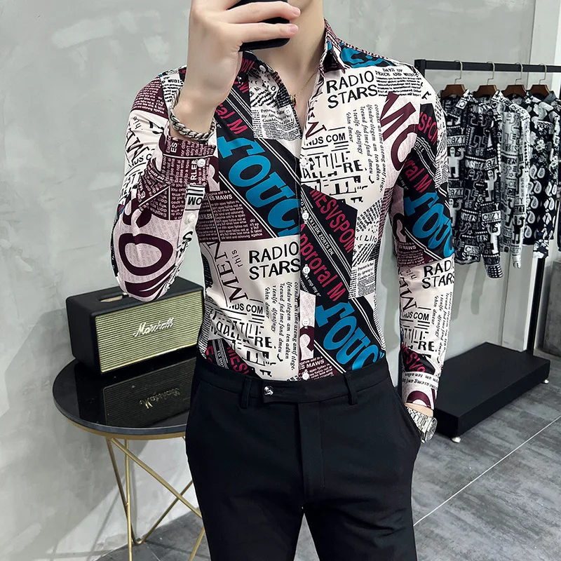 2022 Autumn Long Sleeve Shirts Men Fashin Letter Print Slim Shirt Casual Business Formal Dress Shirts Social Party Men Clothing