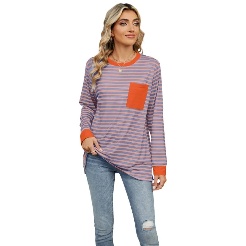 2024 T Shirts Spring New Striped Printed Vintage Casual Loose Pocket Daily Commuting Tee Long Sleeve O-neck Women's Pullover Top