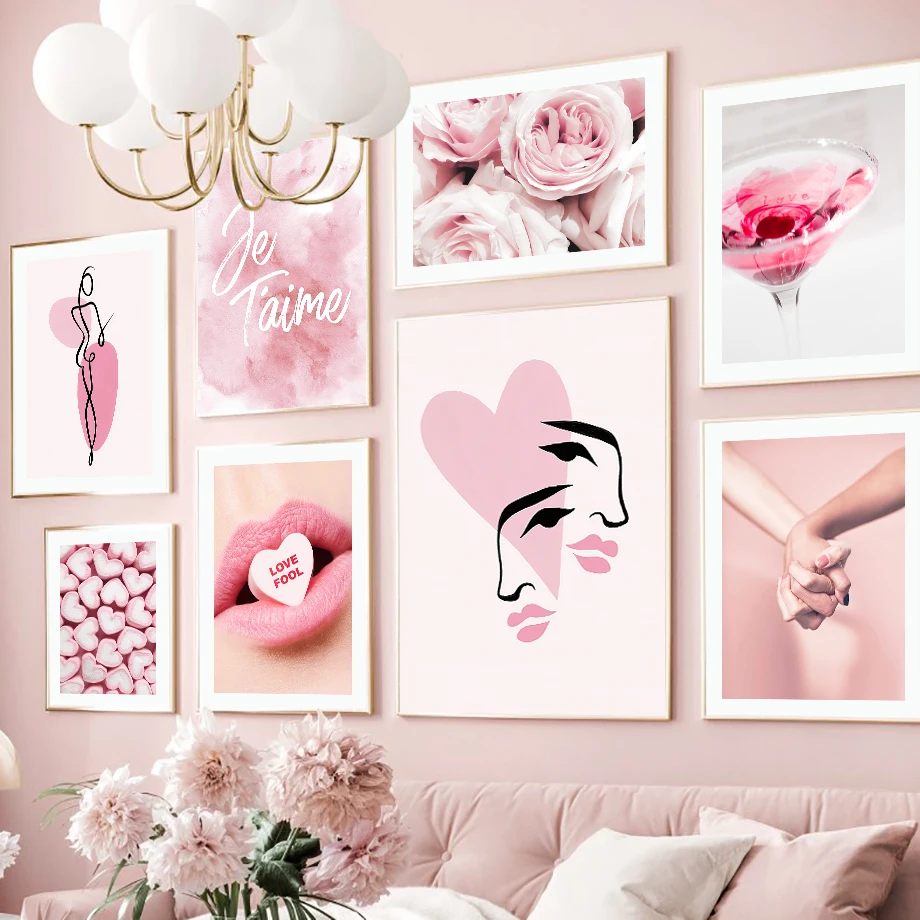 Customizable Print Wall Art and Pink Flowers Love Kiss Girl Abstract Line Body Wall Art Canvas Painting Decoration Poster