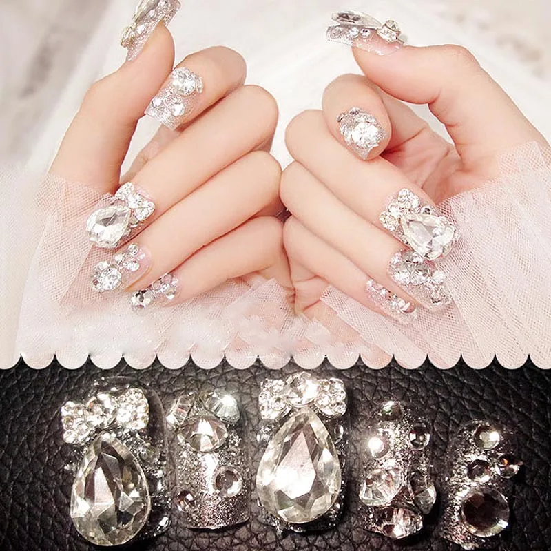 

2021 24 шт./компл. модные свадебные накладные ногти для невесты блестящие стразы женские накладные ногти с клеем, стикер Petits Strass