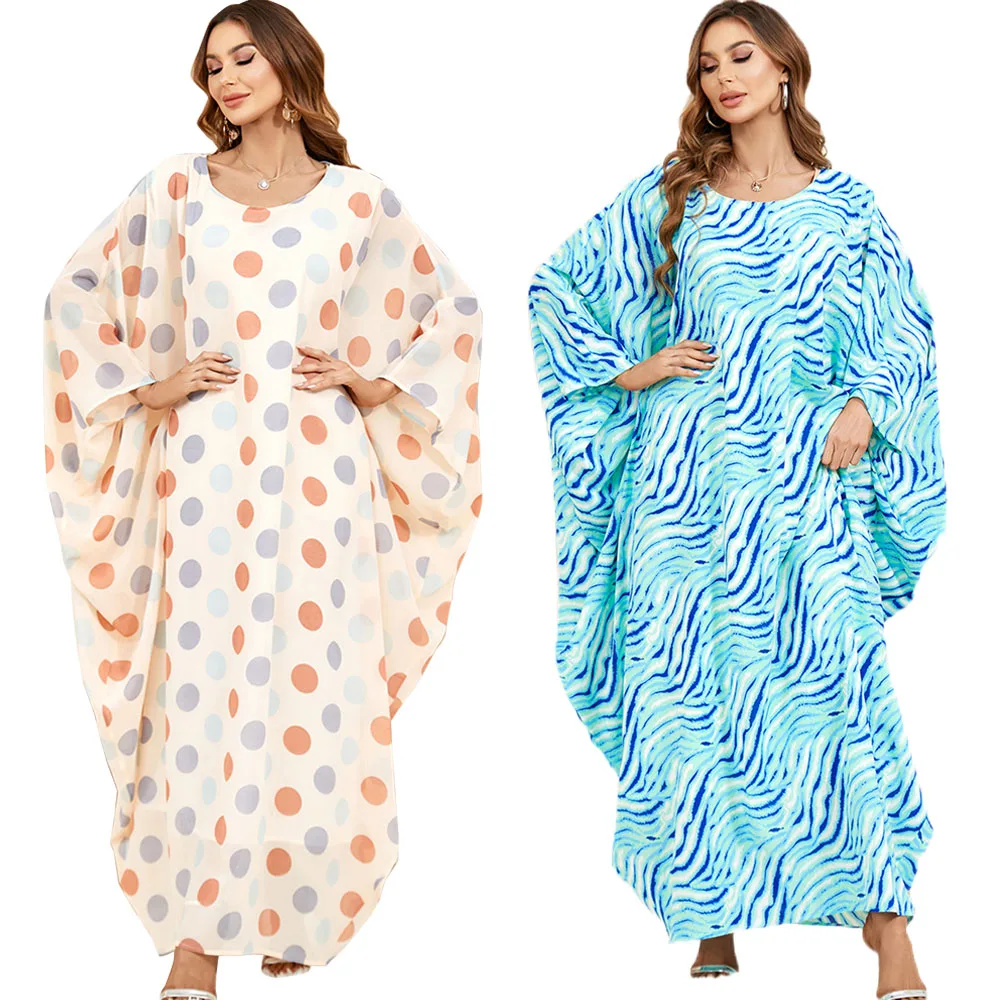 

Ramadan Eid Muslim Women Abaya Polka Dot Print Batwing Sleeve Loose Maxi Dress Dubai Kaftan Islamic Morocco Party Jilbab Caftan