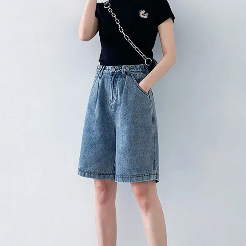Vintage Blue Denim Shorts Women's Jean Shorts Summer Casual Korean Fashion Elastic High Waist Straight Leg Slim Wide Leg Pants