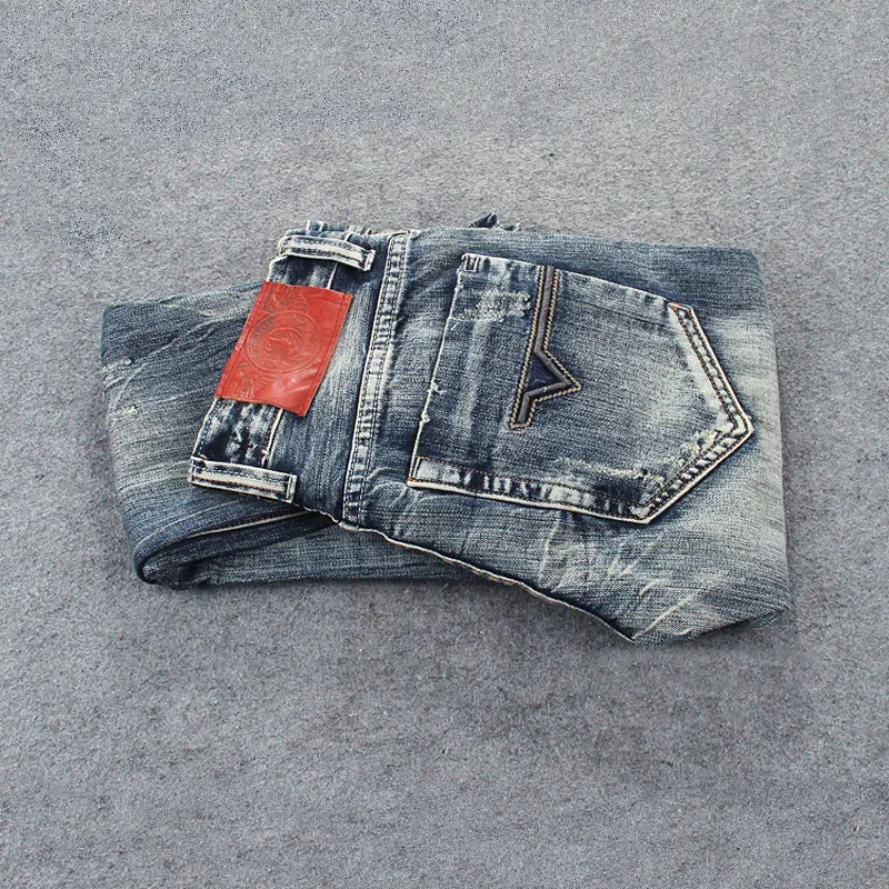 Fashion Vintage Men Jeans Retro Washed High Quality Slim Fit Hole Ripped Jeans Homme Embroidery Patched Designer Denim Pants Men