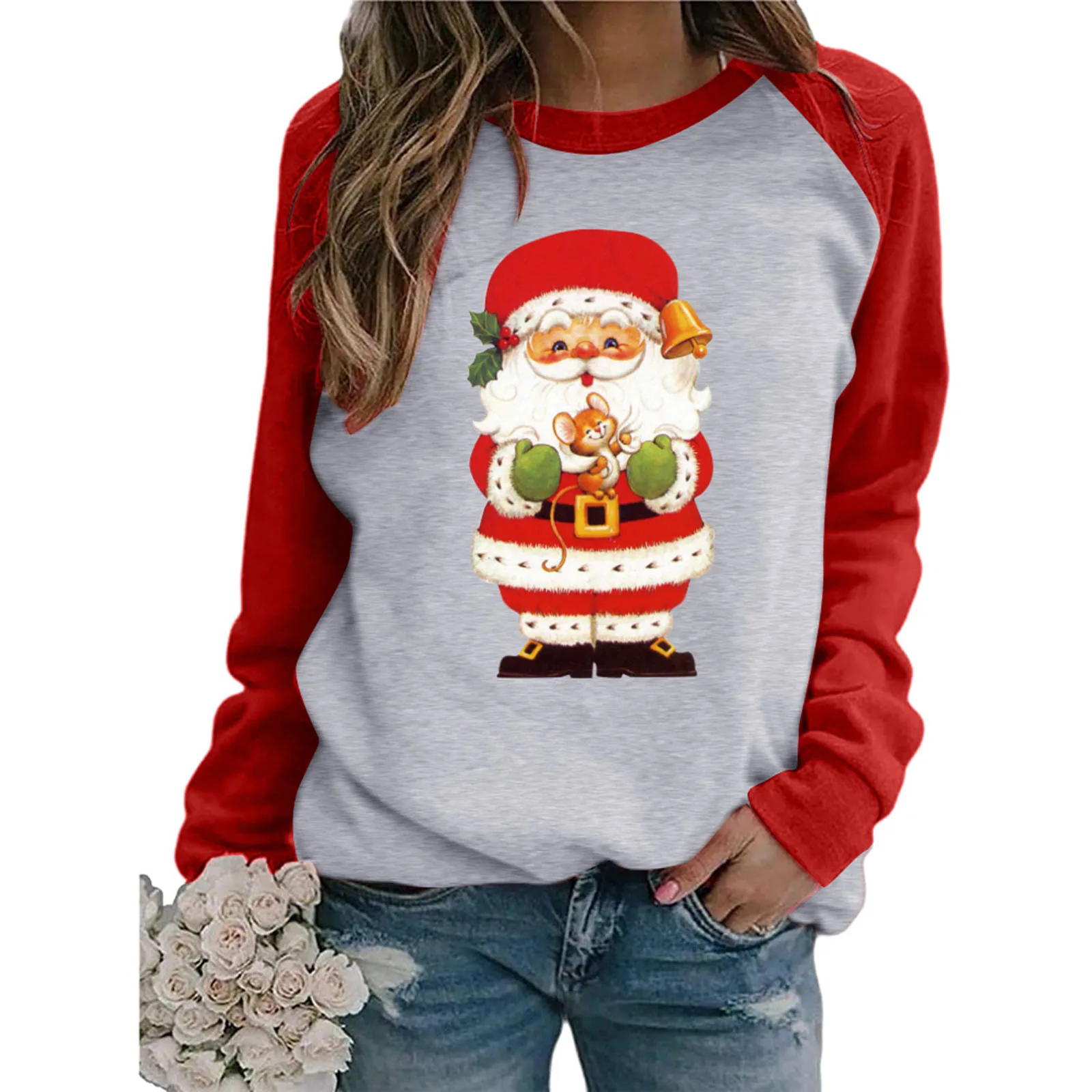 

Christmas Sleeve Raglan Casual Shirts Tops Blouse Women Printing Long Women's Blouse