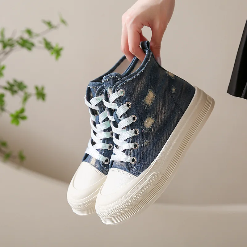 

Blue Canvas Perforated Boots Women Sneakers Thick Soled Anti-skid Casual Shoes Cowboy High Top Shoes Breathe Platform Sneakers