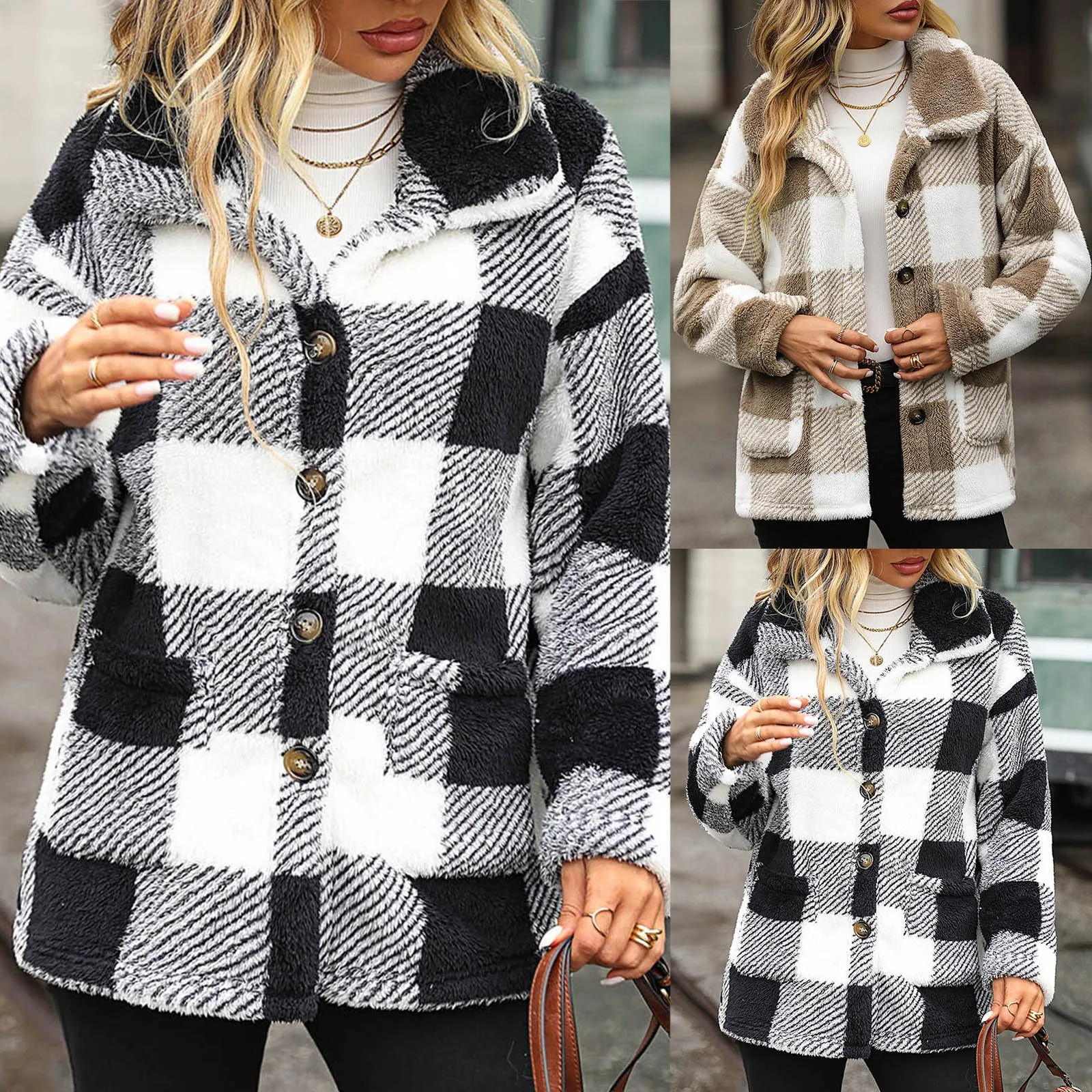 

Autumn And Winter Women's Lapel Long Sleeved Mid Length Plaid Single Breasted Double Faced Fleece Casual Jacket Womens Zip Ups