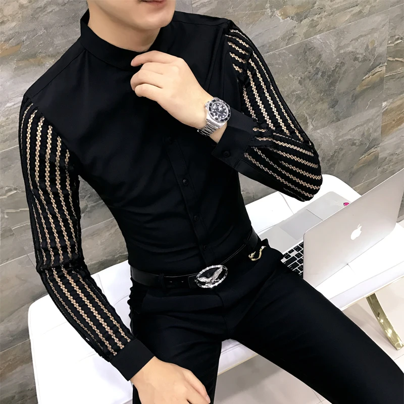 

2022 Spring Men Lace Perspective Shirt Party Prom Hollow Lace Patchwork Long Sleeve Tuxedo Shirt Nightclub Casual Social Shirt