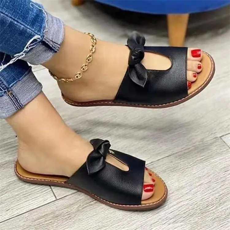 2023 New Summer New Women Leisure Fashion Bow Flat Sandals Sandals Comfortable Soft Bottom Women's Breathable Beach Sandals