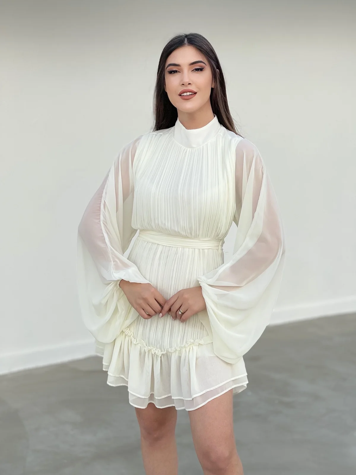 

Raw white Pleated Chiffon Dress