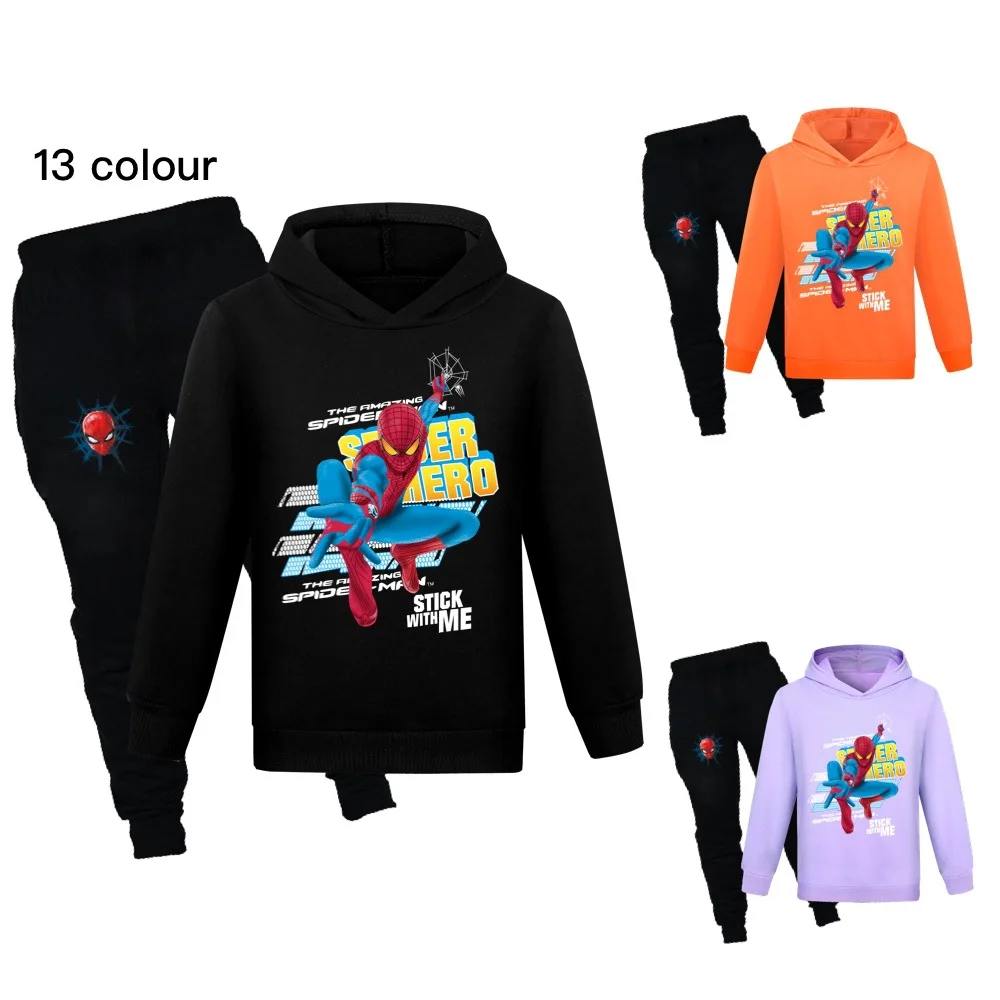 

2022 New Cartoon Printing SpiderMan Sportswear Boys Girls Clothes Hooded + Pants Suits Children's Pullovers 2-16 Years Old