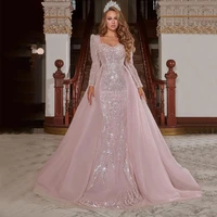 long sequined evening dresses elegant full sleeve tulle sweep train prom dresses floor length simple gown for 2022 women