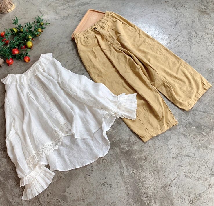 

Новинка 2023, весеннее платье в японском стиле Sen, женские свободные брюки из хлопка и конопли с широкими штанинами