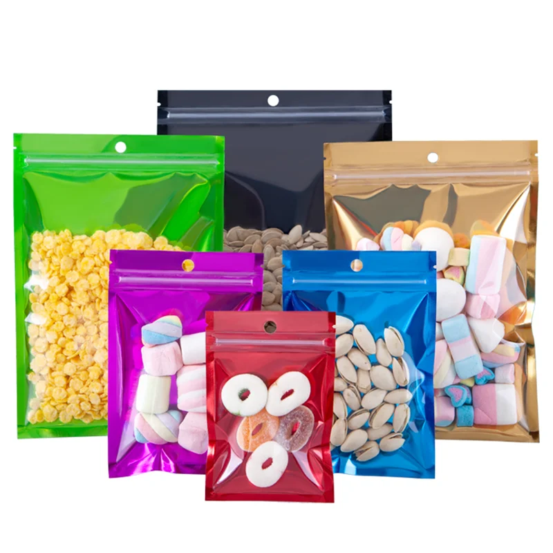 

100pcs/lot Self Seal Reclosable Mylar Foil Zip Lock Plastic Bags with Hang Hole Food Snack Gift Packaging Aluminum Foil Bag