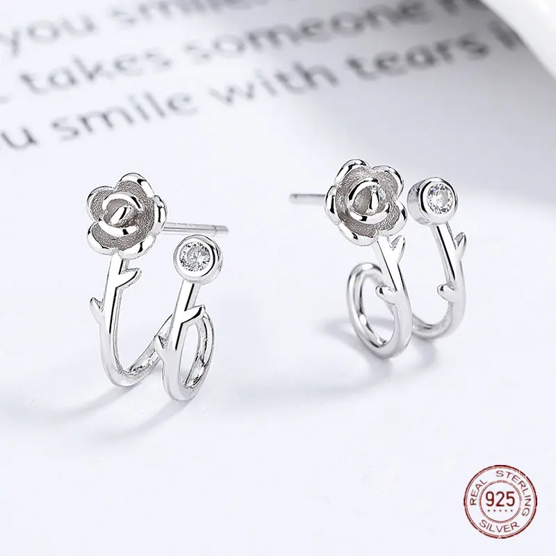 

925 Sterling Silver Camellia Stud Earrings for Women Unique Accessory Flower Korean Earring Bestie Party Fashion Jewelry Gift