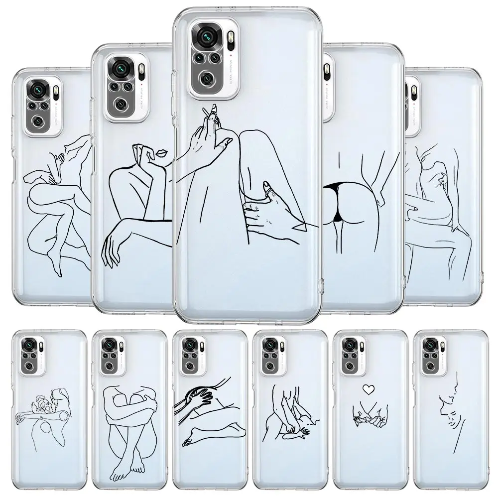 

Black Sexy Line Art Rose Lover Phone Case For Xiaomi Redmi Note 10 11 9 8 Pro 10S 9S 7 8T 9T 9A 8A 9C K40 11T 5G TPU Clear Cover