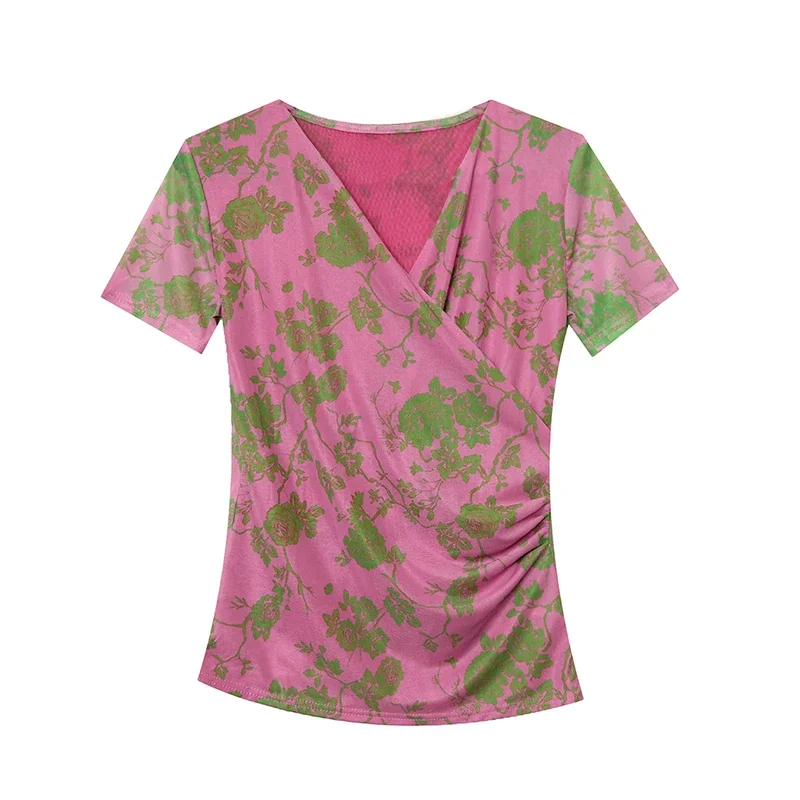 Женская футболка с коротким рукавом V-образным вырезом и принтом