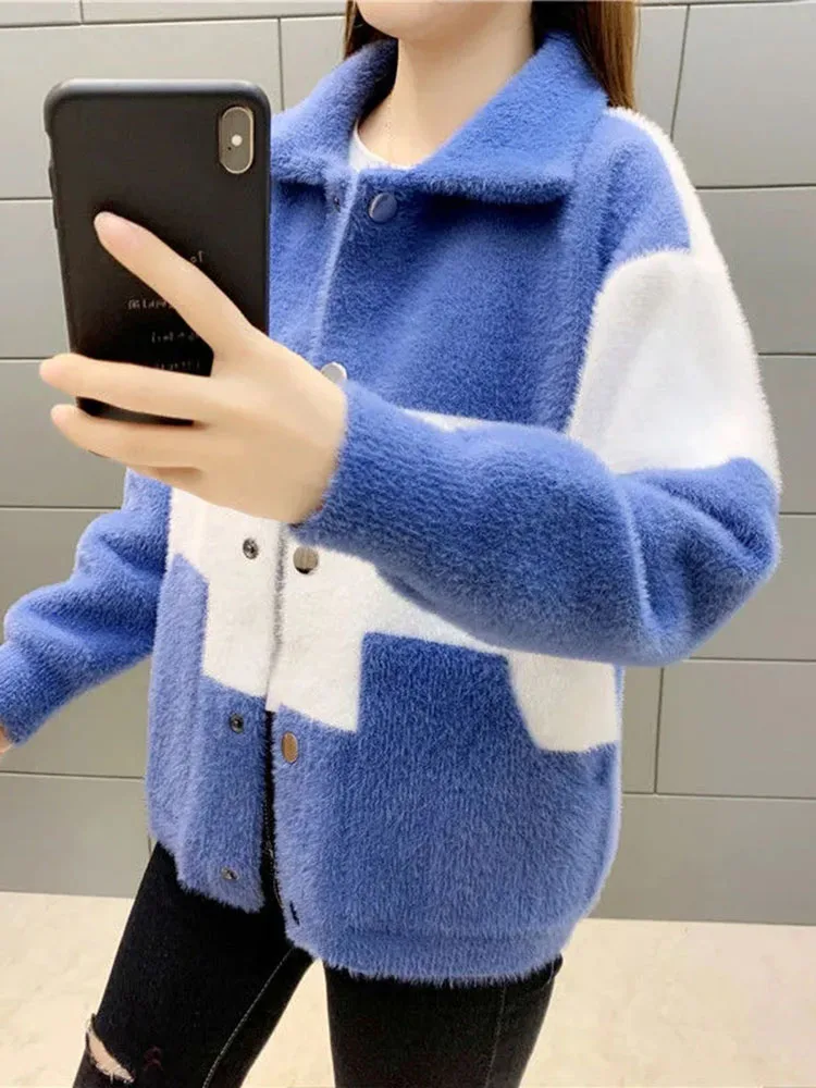 Пальто женское из искусственной норки на флисе Новинка осени 2023 модный вязаный