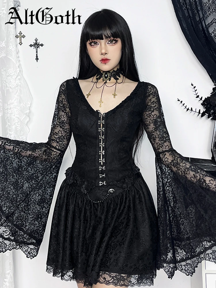 

AltGoth Dark Goth Lace Corset T-shirt Women Vintage Elegant Cyber Punk Streetwear Sexy See Through Flare Sleeve Crop Tee Tops