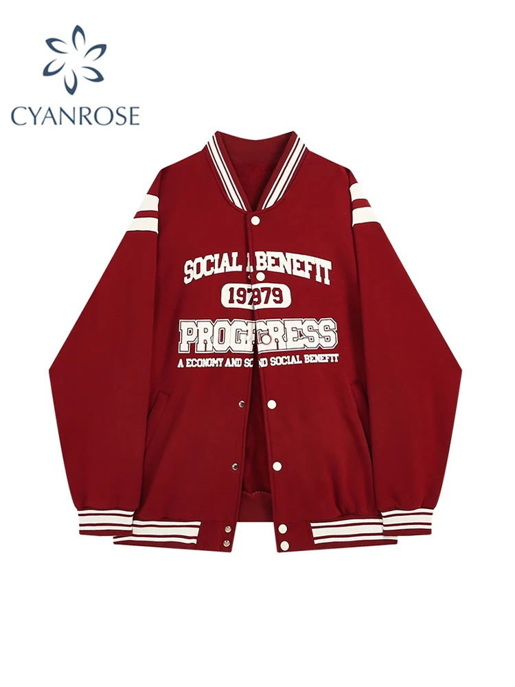 

Autumn Winter Oversized Warm Jackets Red Women Letter Print Embroidery Varsity Baseball Jacket Vintage Loose Streetwear Coats
