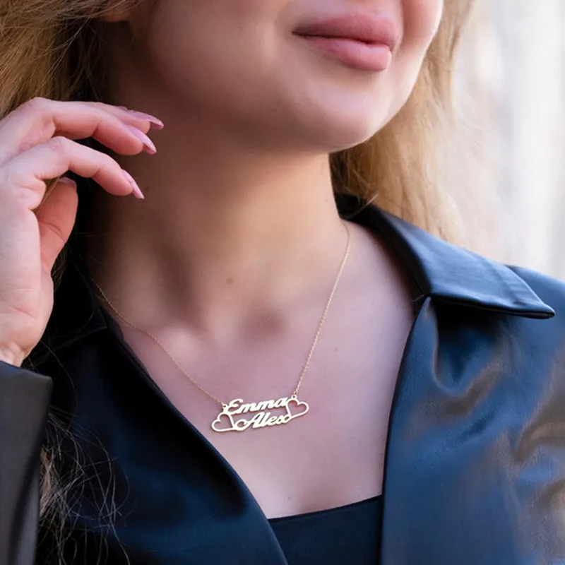 Custom Two Name Necklace for Women New Stainless Steel Gold Thin Chain Nameplate Heart Pendant Necklace Jewelry Birthday Gifts