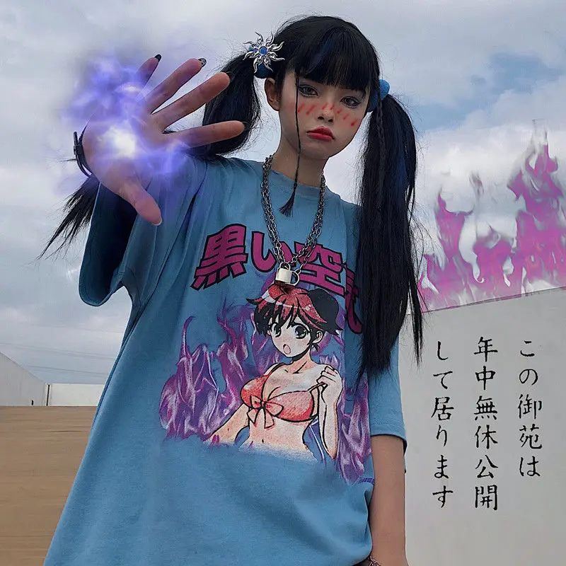 

Cute Cartoon Sweet Girls Japanese Streetwear Harajuku Fun Blue Kawaii Casual Tops Ulzzang Vintage Loose New Summer Women T-Shirt