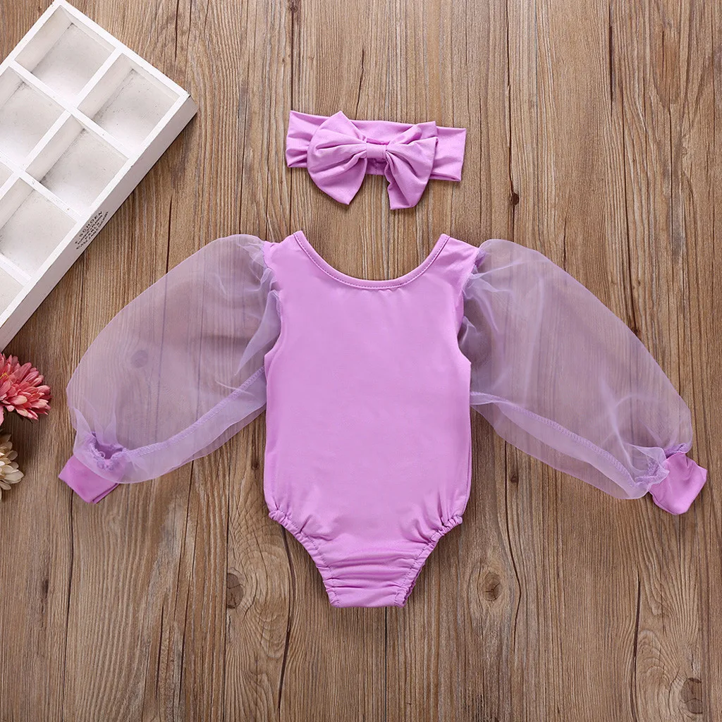 

Newborn Infant Baby Girls Bodysuit Mesh Puff Sleeve Fashion Baby Girl Summer Clothes Headband Solid Color Baby Romper For Girls