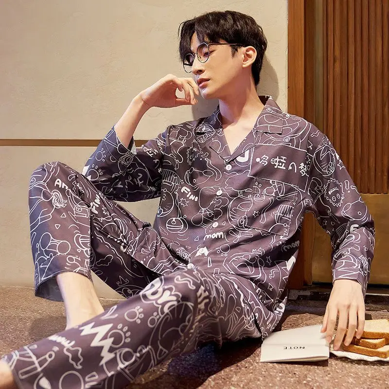 Pajamas Men's New Spring and Autumn Ice Silk Summer Long Sleeve Youth Cartoon Thin Large Homewear Set