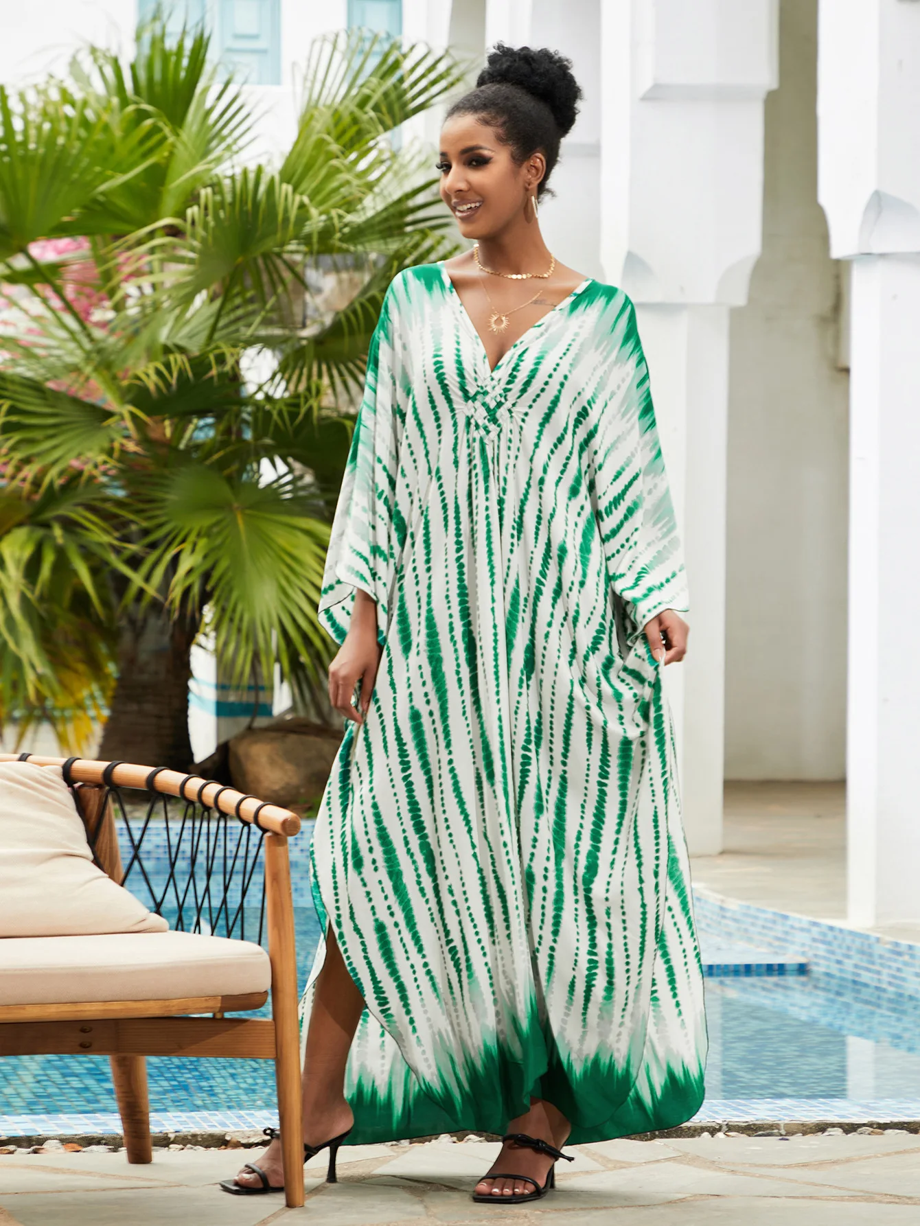

2023 Sexy V-neck Side Slit Casual Fashion Printed Bikini Cover-ups Summer Women Clothing Loose Beachwear Swimsuit Cover Up Q1523