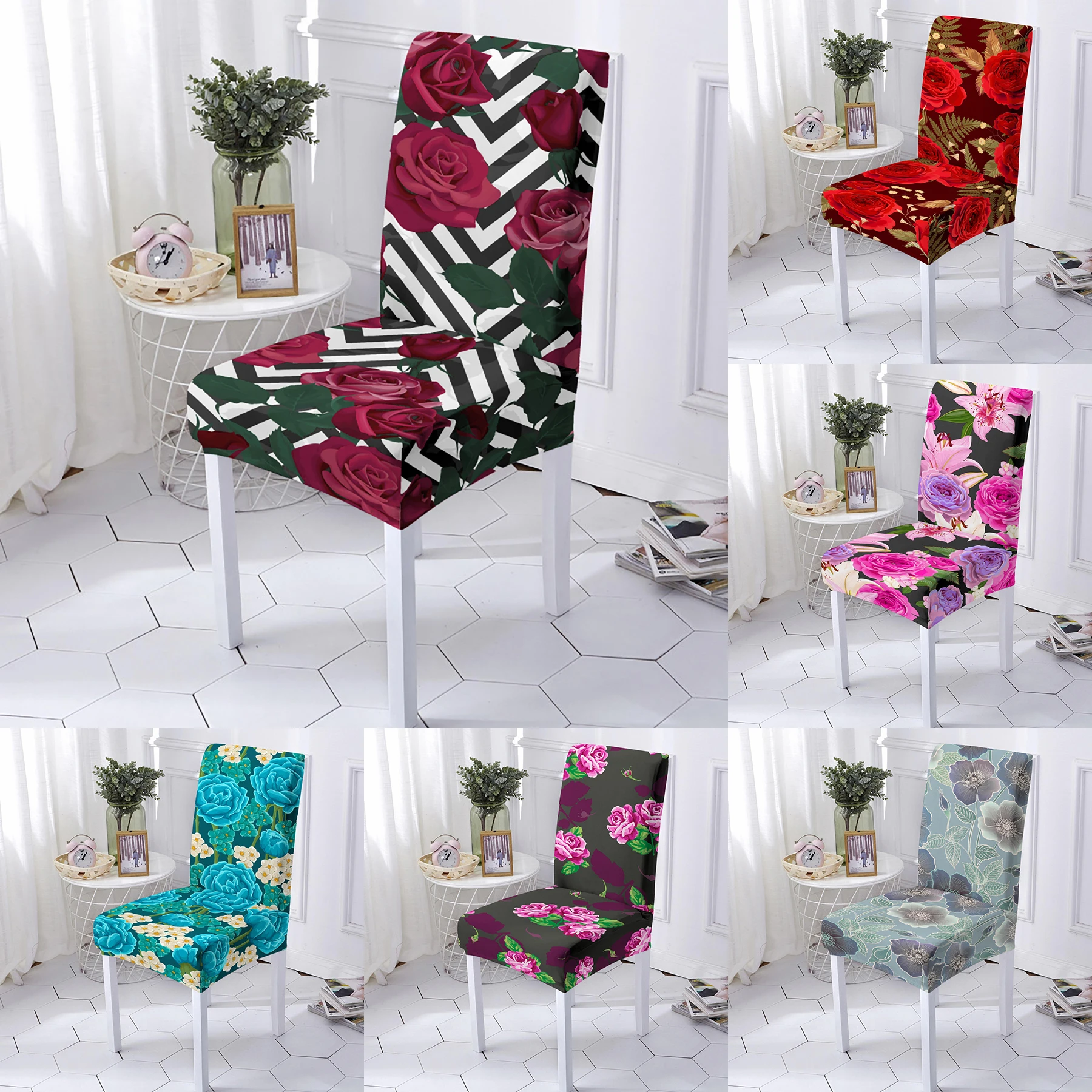 

Floral Chair Cover for Wedding Hotel Banquet Dinning Spandex Elastic Stretch Removable Chair Slipcover High Back Chair Cover