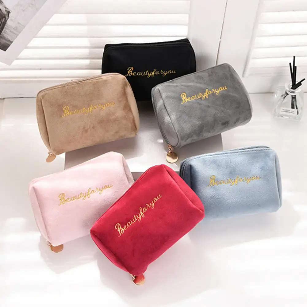 

Velvet Women Cosmetic Bag Letters Embroidered Smooth Zipper Korean Style Makeup Organizer Beauty Case bolsos de maquillaje