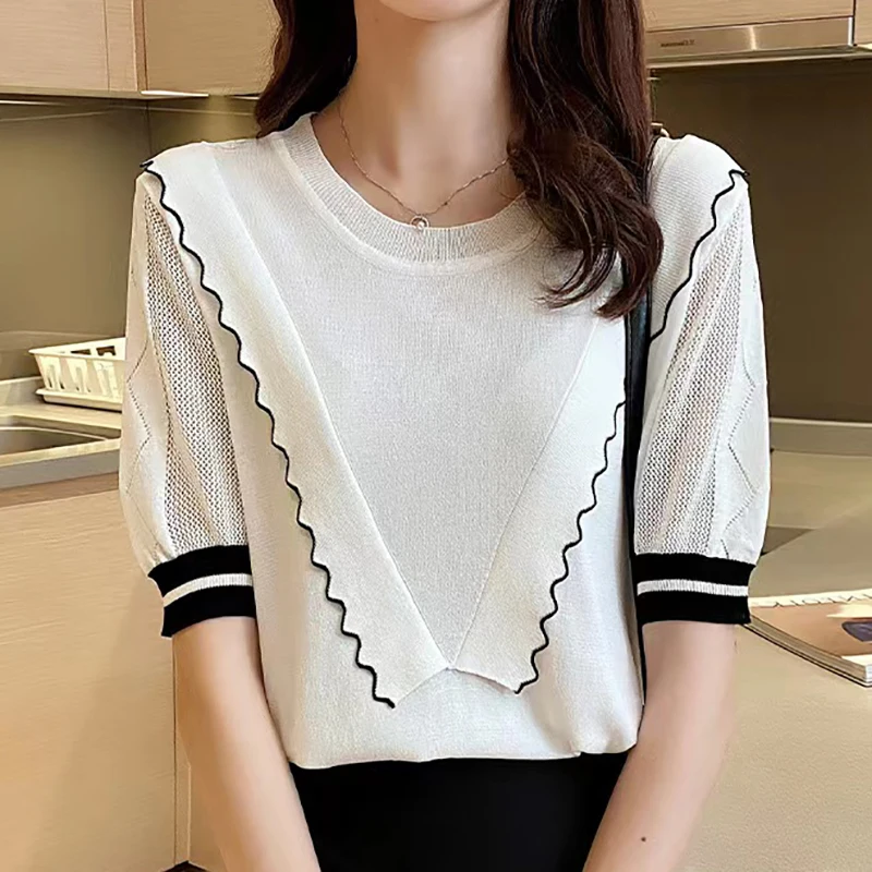 

Hollow Out Short Sleeve Knitted T Shirt For Women Summer Tops Ruffles Patchwork T Shirts Casual Tee Shirt Femme Camisetas Mujer
