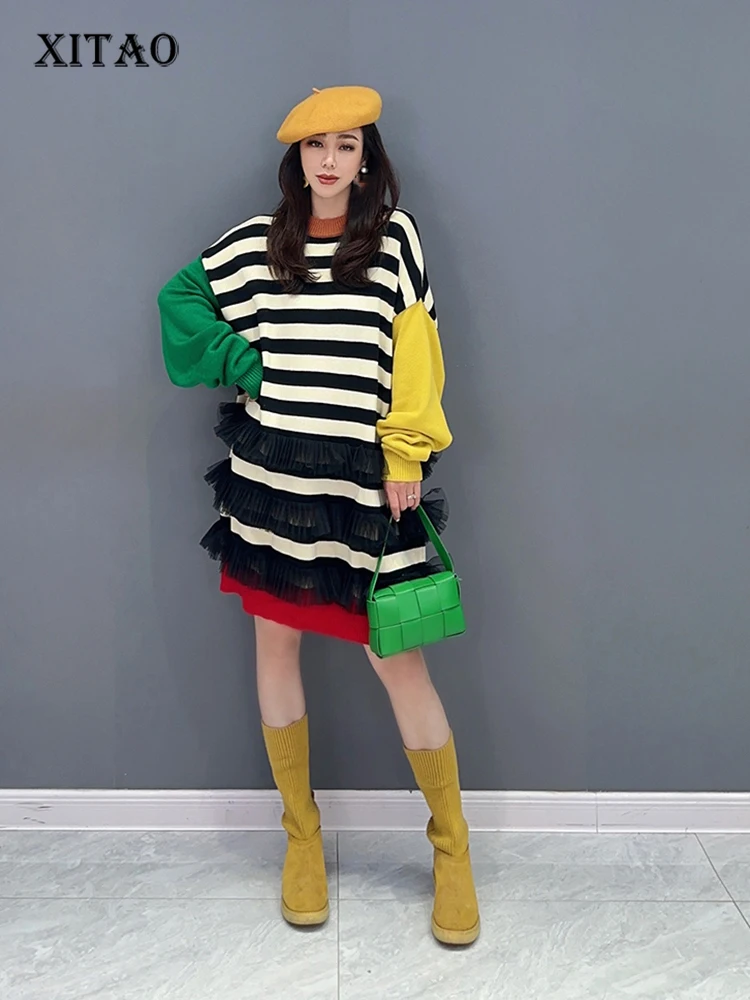 

XITAO Gauze Patchwork Striped Knitting Dress Loose Sontrast Color Slimming 2023 Autumn New Arrival All Match Fashion LYD1462